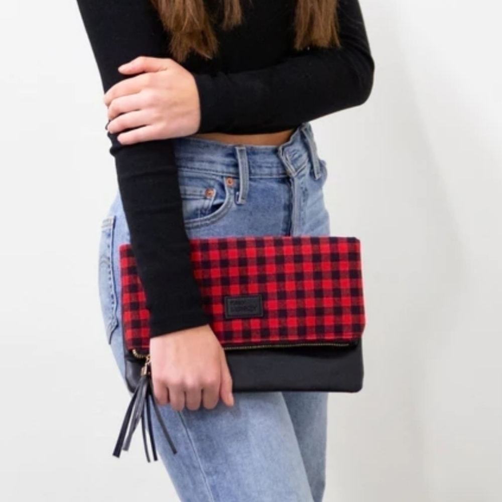 Funky Monkey Red Black Buffalo Check Plaid Foldover Clutch Bag Purse NWOT